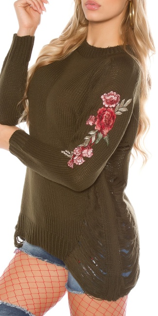 Trendy lange trui met patches gebruikte used look khaki